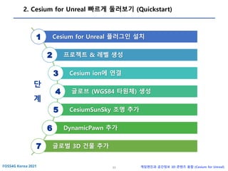 33 게임엔진과 공간정보 3D 콘텐츠 융합 (Cesium for Unreal)
2. Cesium for Unreal 빠르게 둘러보기 (Quickstart)
Cesium for Unreal 플러그인 설치
프로젝트 & 레벨 생성
Cesium ion에 연결
글로브 (WGS84 타원체) 생성
CesiumSunSky 조명 추가
DynamicPawn 추가
글로벌 3D 건물 추가
1
2
3
4
5
6
7
단
계
 