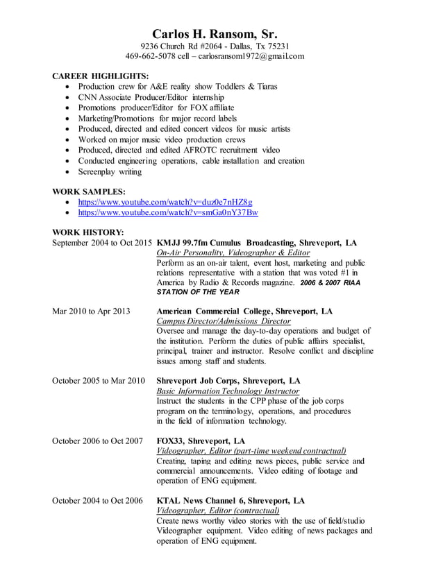 Videographer Resume PDF