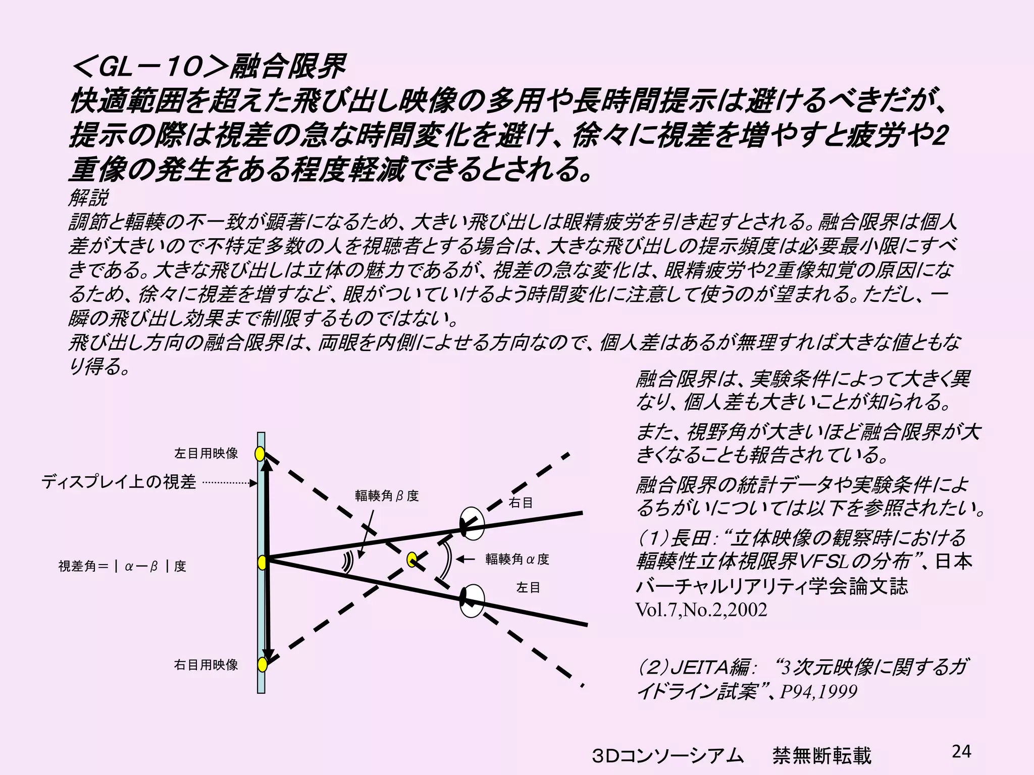 ＜GL－１０＞融合限界
 快適範囲を超えた飛び出し映像の多用や長時間提示は避けるべきだが、
 提示の際は視差の急な時間変化を避け、徐々に視差を増やすと疲労や2
 重像の発生をある程度軽減できるとされる。
  解説
  調節と輻輳の不一致が顕著になるため、大きい飛び出しは眼精疲労を引き起すとされる。融合限界は個人
  差が大きいので不特定多数の人を視聴者とする場合は、大きな飛び出しの提示頻度は必要最小限にすべ
  きである。大きな飛び出しは立体の魅力であるが、視差の急な変化は、眼精疲労や2重像知覚の原因にな
  るため、徐々に視差を増すなど、眼がついていけるよう時間変化に注意して使うのが望まれる。ただし、一
  瞬の飛び出し効果まで制限するものではない。
  飛び出し方向の融合限界は、両眼を内側によせる方向なので、個人差はあるが無理すれば大きな値ともな
  り得る。
                                 融合限界は、実験条件によって大きく異
                                 なり、個人差も大きいことが知られる。
                                 また、視野角が大きいほど融合限界が大
          左目用映像                  きくなることも報告されている。
ディスプレイ上の視差                       融合限界の統計データや実験条件によ
                  輻輳角β度
                           右目
                                 るちがいについては以下を参照されたい。
                                 （１）長田：“立体映像の観察時における
 視差角＝｜αーβ｜度
                         輻輳角α度   輻輳性立体視限界ＶＦＳLの分布”、日本
                          左目     バーチャルリアリティ学会論文誌
                                 Vol.7,No.2,2002

       右目用映像                     （２）ＪＥＩＴＡ編： “3次元映像に関するガ
                                 イドライン試案”、P94,1999


                               ３Ｄコンソーシアム   禁無断転載      24
 