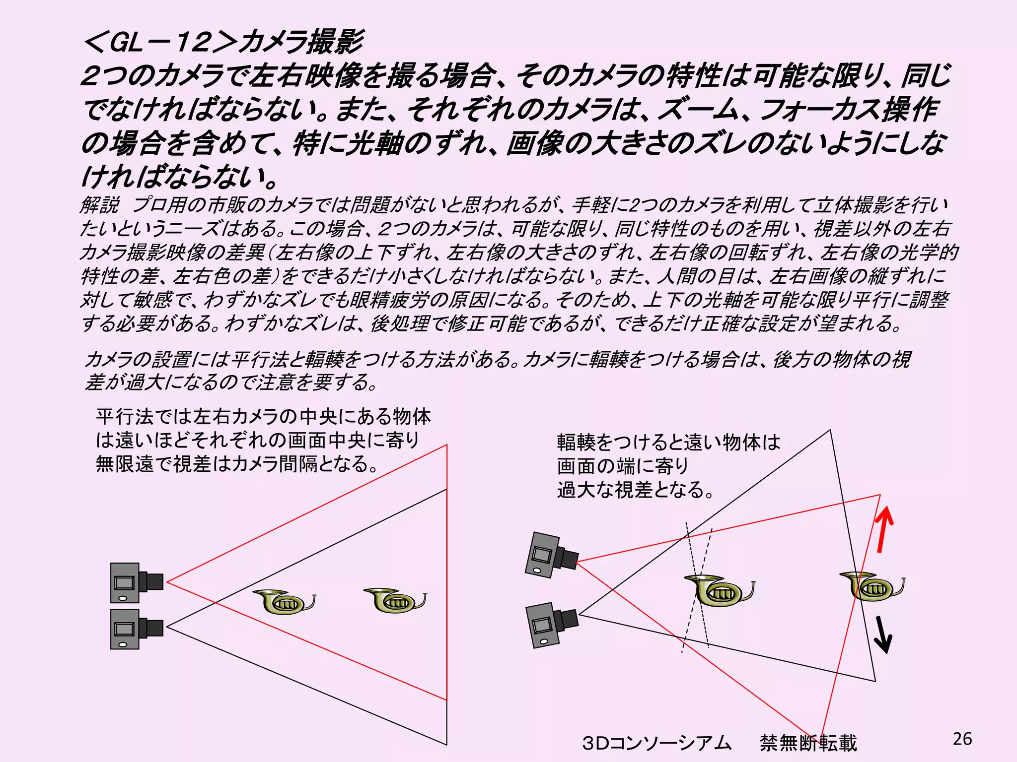 ＜GL－１２＞カメラ撮影
２つのカメラで左右映像を撮る場合、そのカメラの特性は可能な限り、同じ
でなければならない。また、それぞれのカメラは、ズーム、フォーカス操作
の場合を含めて、特に光軸のずれ、画像の大きさのズレのないようにしな
ければならない。
解説 プロ用の市販のカメラでは問題がないと思われるが、手軽に2つのカメラを利用して立体撮影を行い
たいというニーズはある。この場合、２つのカメラは、可能な限り、同じ特性のものを用い、視差以外の左右
カメラ撮影映像の差異（左右像の上下ずれ、左右像の大きさのずれ、左右像の回転ずれ、左右像の光学的
特性の差、左右色の差）をできるだけ小さくしなければならない。また、人間の目は、左右画像の縦ずれに
対して敏感で、わずかなズレでも眼精疲労の原因になる。そのため、上下の光軸を可能な限り平行に調整
する必要がある。わずかなズレは、後処理で修正可能であるが、できるだけ正確な設定が望まれる。
カメラの設置には平行法と輻輳をつける方法がある。カメラに輻輳をつける場合は、後方の物体の視
差が過大になるので注意を要する。
平行法では左右カメラの中央にある物体
は遠いほどそれぞれの画面中央に寄り         輻輳をつけると遠い物体は
無限遠で視差はカメラ間隔となる。          画面の端に寄り
                          過大な視差となる。




                            ３Ｄコンソーシアム   禁無断転載   26
 