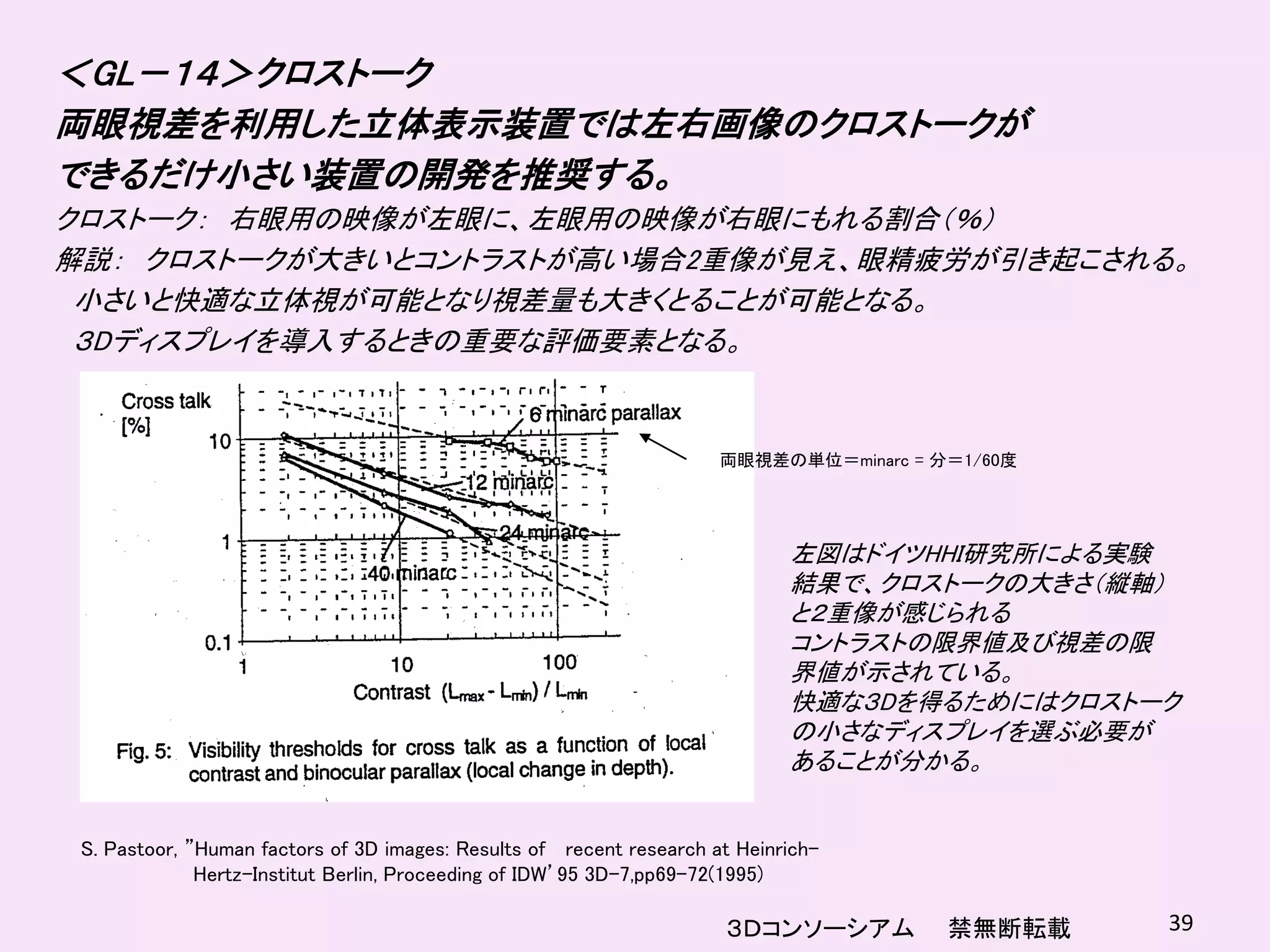 ＜GL－１４＞クロストーク
両眼視差を利用した立体表示装置では左右画像のクロストークが
できるだけ小さい装置の開発を推奨する。
クロストーク： 右眼用の映像が左眼に、左眼用の映像が右眼にもれる割合（％）
解説： クロストークが大きいとコントラストが高い場合2重像が見え、眼精疲労が引き起こされる。
 小さいと快適な立体視が可能となり視差量も大きくとることが可能となる。
 ３Dディスプレイを導入するときの重要な評価要素となる。


                                                                      両眼視差の単位＝minarc = 分＝1/60度




                                                                             左図はドイツHHI研究所による実験
                                                                             結果で、クロストークの大きさ（縦軸）
                                                                             と２重像が感じられる
                                                                             コントラストの限界値及び視差の限
                                                                             界値が示されている。
                                                                             快適な３Dを得るためにはクロストーク
                                                                             の小さなディスプレイを選ぶ必要が
                                                                             あることが分かる。


 S. Pastoor, ”Human factors of 3D images: Results of recent research at Heinrich-
              Hertz-Institut Berlin, Proceeding of IDW’95 3D-7,pp69-72(1995)

                                                                      ３Ｄコンソーシアム         禁無断転載    39
 