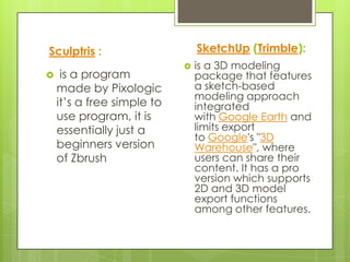 Sculptris :                     SketchUp (Trimble):
                               is a 3D modeling
    is a program               package that features
    made by Pixologic           a sketch-based
                                modeling approach
    it’s a free simple to       integrated
    use program, it is          with Google Earth and
    essentially just a          limits export
                                to Google's "3D
    beginners version           Warehouse", where
    of Zbrush                   users can share their
                                content. It has a pro
                                version which supports
                                2D and 3D model
                                export functions
                                among other features.
 