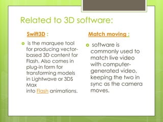 Related to 3D software:
    Swift3D :                Match moving :
    is the marquee tool         software is
    for producing vector-        commonly used to
    based 3D content for
                                 match live video
    Flash. Also comes in
    plug-in form for
                                 with computer-
    transforming models          generated video,
    in Lightwave or 3DS          keeping the two in
    Max                          sync as the camera
    into Flash animations.       moves.
 