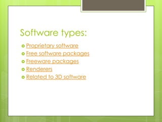 Software types:
 Proprietarysoftware
 Free software packages
 Freeware packages
 Renderers
 Related to 3D software
 