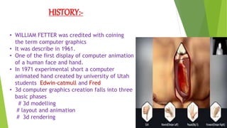 HISTORY:-
• WILLIAM FETTER was credited with coining
the term computer graphics
• It was describe in 1961.
• One of the first display of computer animation
of a human face and hand.
• In 1971 experimental short a computer
animated hand created by university of Utah
students Edwin-catmull and Fred
• 3d computer graphics creation falls into three
basic phases
# 3d modelling
# layout and animation
# 3d rendering
 