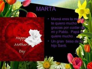 MARTA
  • Mamá eres la mejor,
    te quiero mucho
    gracias por cuidar de
    mi y Pablo. Papá te
    quiere mucho .
  • Un gran beso de tu
    hijo Santi.
 