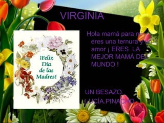 VIRGINIA
    Hola mamá para mi
     eres una ternura y un
     amor ¡ ERES LA
     MEJOR MAMÁ DEL
     MUNDO !



    UN BESAZO.
    LUCÍA.PINACHO
 