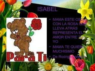 ISABEL
   • MAMA ESTE OSO
     CON LA ROSA QUE
     LLEVA ATRÁS
     REPRESENTA EL
     AMOR ENTRE TU Y
     YO
   • MAMA TE QUIERO
     MUCHISIMO
   • De Rodrigo Lorenzo
 