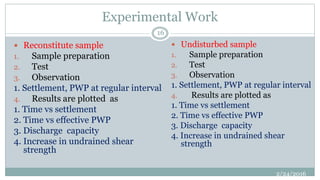 Experimental Work
2/24/2016
16
 Reconstitute sample
1. Sample preparation
2. Test
3. Observation
1. Settlement, PWP at regular interval
4. Results are plotted as
1. Time vs settlement
2. Time vs effective PWP
3. Discharge capacity
4. Increase in undrained shear
strength
 Undisturbed sample
1. Sample preparation
2. Test
3. Observation
1. Settlement, PWP at regular interval
4. Results are plotted as
1. Time vs settlement
2. Time vs effective PWP
3. Discharge capacity
4. Increase in undrained shear
strength
 