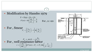  Modification by Hansbo 1979
 For , Smear
 For , well resistance factor
F = F(n) + Fs + Fr
4
3
ln)( 






w
e
d
D
nF For , n >20





















w
s
s
h
s
d
d
k
k
F ln1
w
h
r
q
k
zLzF )(  
















h
rs
h
e
U
FFnF
C
D
t
1
1
ln))((
8
2
2/24/2016
4
 