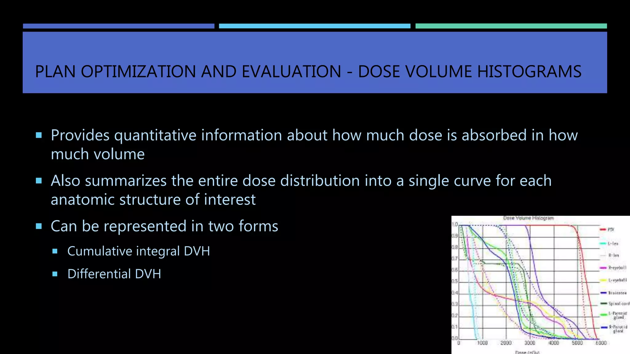 PLAN OPTIMIZATION AND EVALUATION - DOSE VOLUME HISTOGRAMS
 Provides quantitative information about how much dose is absorbed in how
much volume
 Also summarizes the entire dose distribution into a single curve for each
anatomic structure of interest
 Can be represented in two forms
 Cumulative integral DVH
 Differential DVH
 