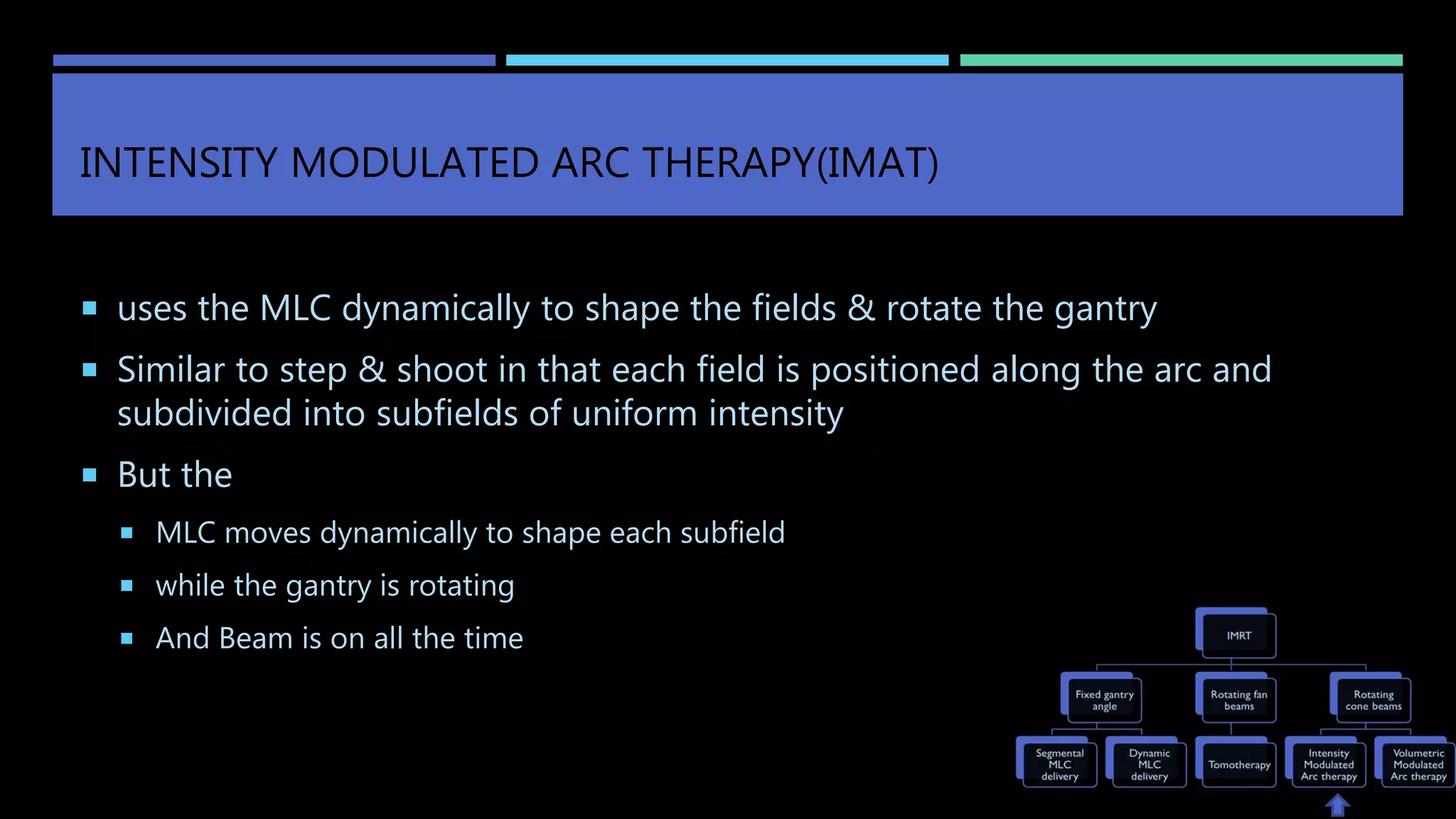 INTENSITY MODULATED ARC THERAPY(IMAT)
 uses the MLC dynamically to shape the fields & rotate the gantry
 Similar to step & shoot in that each field is positioned along the arc and
subdivided into subfields of uniform intensity
 But the
 MLC moves dynamically to shape each subfield
 while the gantry is rotating
 And Beam is on all the time
 