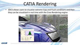 Dimensional Control Systems | 2017 All Rights Reserved
CATIA Rendering
• 3DCS allows users to visualize extreme Gap and Flush conditions and then
they can be visualized in real time with the Creo Rendering engine
 
