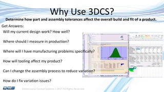 Dimensional Control Systems | 2017 All Rights Reserved
Why Use 3DCS?
Determine how part and assembly tolerances affect the overall build and fit of a product.
Will my current design work? How well?
Where should I measure in production?
Where will I have manufacturing problems specifically?
How will tooling affect my product?
Can I change the assembly process to reduce variation?
How do I fix variation issues?
Get Answers:
 