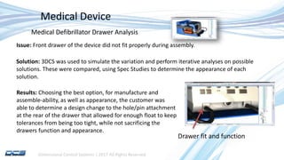 Dimensional Control Systems | 2017 All Rights Reserved
Results: Choosing the best option, for manufacture and
assemble-ability, as well as appearance, the customer was
able to determine a design change to the hole/pin attachment
at the rear of the drawer that allowed for enough float to keep
tolerances from being too tight, while not sacrificing the
drawers function and appearance.
Medical Device
Drawer fit and function
Medical Defibrillator Drawer Analysis
Issue: Front drawer of the device did not fit properly during assembly.
Solution: 3DCS was used to simulate the variation and perform iterative analyses on possible
solutions. These were compared, using Spec Studies to determine the appearance of each
solution.
 