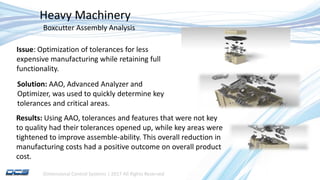 Dimensional Control Systems | 2017 All Rights Reserved
Heavy Machinery
Boxcutter Assembly Analysis
Issue: Optimization of tolerances for less
expensive manufacturing while retaining full
functionality.
Solution: AAO, Advanced Analyzer and
Optimizer, was used to quickly determine key
tolerances and critical areas.
Results: Using AAO, tolerances and features that were not key
to quality had their tolerances opened up, while key areas were
tightened to improve assemble-ability. This overall reduction in
manufacturing costs had a positive outcome on overall product
cost.
 
