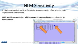 Dimensional Control Systems | 2017 All Rights Reserved
HLM Sensitivity
A "High-Low-Median", or HLM, Sensitivity Analysis provides information to make
improvements to the model.
HLM Sensitivity determines which tolerances have the largest contribution per
measurement.
 