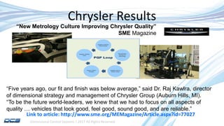 Dimensional Control Systems | 2017 All Rights Reserved
Chrysler Results
“New Metrology Culture Improving Chrysler Quality”
SME Magazine
“Five years ago, our fit and finish was below average,” said Dr. Raj Kawlra, director
of dimensional strategy and management of Chrysler Group (Auburn Hills, MI).
“To be the future world-leaders, we knew that we had to focus on all aspects of
quality … vehicles that look good, feel good, sound good, and are reliable.”
Link to article: http://www.sme.org/MEMagazine/Article.aspx?id=77027
 