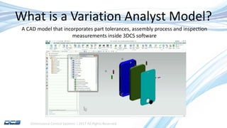 Dimensional Control Systems | 2017 All Rights Reserved
What is a Variation Analyst Model?
A CAD model that incorporates part tolerances, assembly process and inspection
measurements inside 3DCS software
 