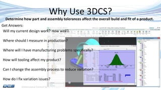 Dimensional Control Systems | 2017 All Rights Reserved
Why Use 3DCS?
Determine how part and assembly tolerances affect the overall build and fit of a product.
Will my current design work? How well?
Where should I measure in production?
Where will I have manufacturing problems specifically?
How will tooling affect my product?
Can I change the assembly process to reduce variation?
How do I fix variation issues?
Get Answers:
 