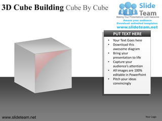 3D Cube Building Cube By Cube


                                PUT TEXT HERE
                            •   Your Text Goes here
                            •   Download this
                                awesome diagram
                            •   Bring your
                                presentation to life
                            •   Capture your
                                audience’s attention
                            •   All images are 100%
                                editable in PowerPoint
                            •   Pitch your ideas
                                convincingly




www.slideteam.net                                    Your Logo
 