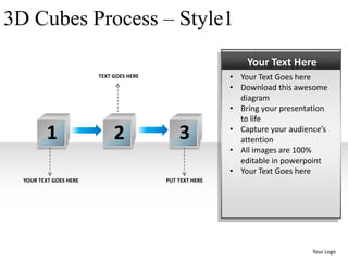 3D Cubes Process – Style1
                                                             Your Text Here
                        TEXT GOES HERE                   • Your Text Goes here
                                                         • Download this awesome
                                                           diagram
                                                         • Bring your presentation
                                                           to life

         1                   2               3           • Capture your audience’s
                                                           attention
                                                         • All images are 100%
                                                           editable in powerpoint
                                                         • Your Text Goes here
  YOUR TEXT GOES HERE                    PUT TEXT HERE




                                                                              Your Logo
 