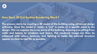 How Does 3D Cut Section Rendering Work?
The process starts by creating a 3D model of the building using advanced design
software. Once the model is ready, a "cut" is made at a specific point in the
design. This cut exposes the inner parts of the building, showing everything from
walls and beams to windows and doors. The rendered image can then be
enhanced with colors, textures, and lighting to make the internal structure
appear as close to real life as possible.
 
