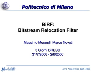 BiRF: Bitstream Relocation Filter Anno Accademico 2005/2006 Massimo Morandi, Marco Novati 3 Giorni DRESD 31/7/2006 - 2/8/2006 