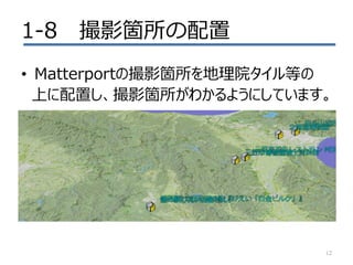 1-8 撮影箇所の配置
12
• Matterportの撮影箇所を地理院タイル等の
上に配置し、撮影箇所がわかるようにしています。
 