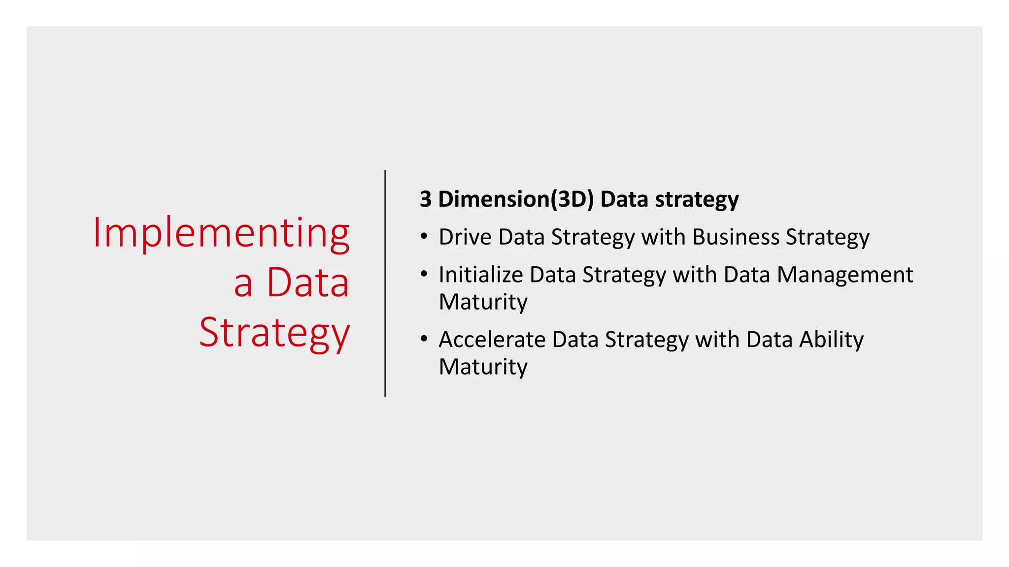 Implementing
a Data
Strategy
3 Dimension(3D) Data strategy
• Drive Data Strategy with Business Strategy
• Initialize Data Strategy with Data Management
Maturity
• Accelerate Data Strategy with Data Ability
Maturity
 