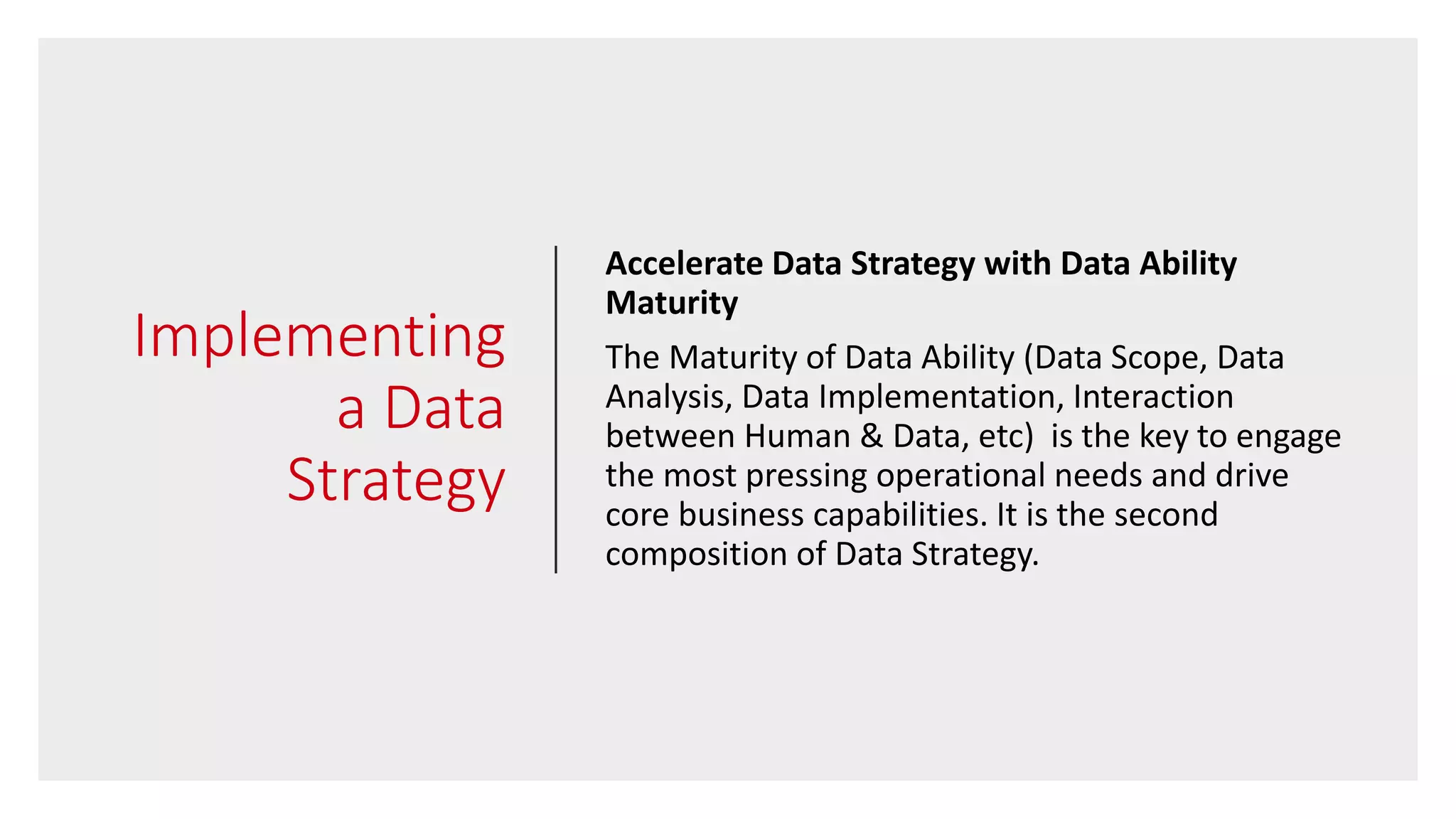 Implementing
a Data
Strategy
Accelerate Data Strategy with Data Ability
Maturity
The Maturity of Data Ability (Data Scope, Data
Analysis, Data Implementation, Interaction
between Human & Data, etc) is the key to engage
the most pressing operational needs and drive
core business capabilities. It is the second
composition of Data Strategy.
 