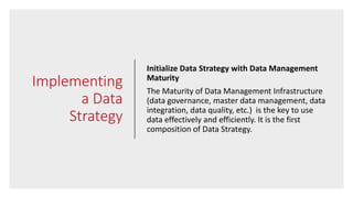 Implementing
a Data
Strategy
Initialize Data Strategy with Data Management
Maturity
The Maturity of Data Management Infrastructure
(data governance, master data management, data
integration, data quality, etc.) is the key to use
data effectively and efficiently. It is the first
composition of Data Strategy.
 