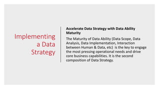 Implementing
a Data
Strategy
Accelerate Data Strategy with Data Ability
Maturity
The Maturity of Data Ability (Data Scope, Data
Analysis, Data Implementation, Interaction
between Human & Data, etc) is the key to engage
the most pressing operational needs and drive
core business capabilities. It is the second
composition of Data Strategy.
 
