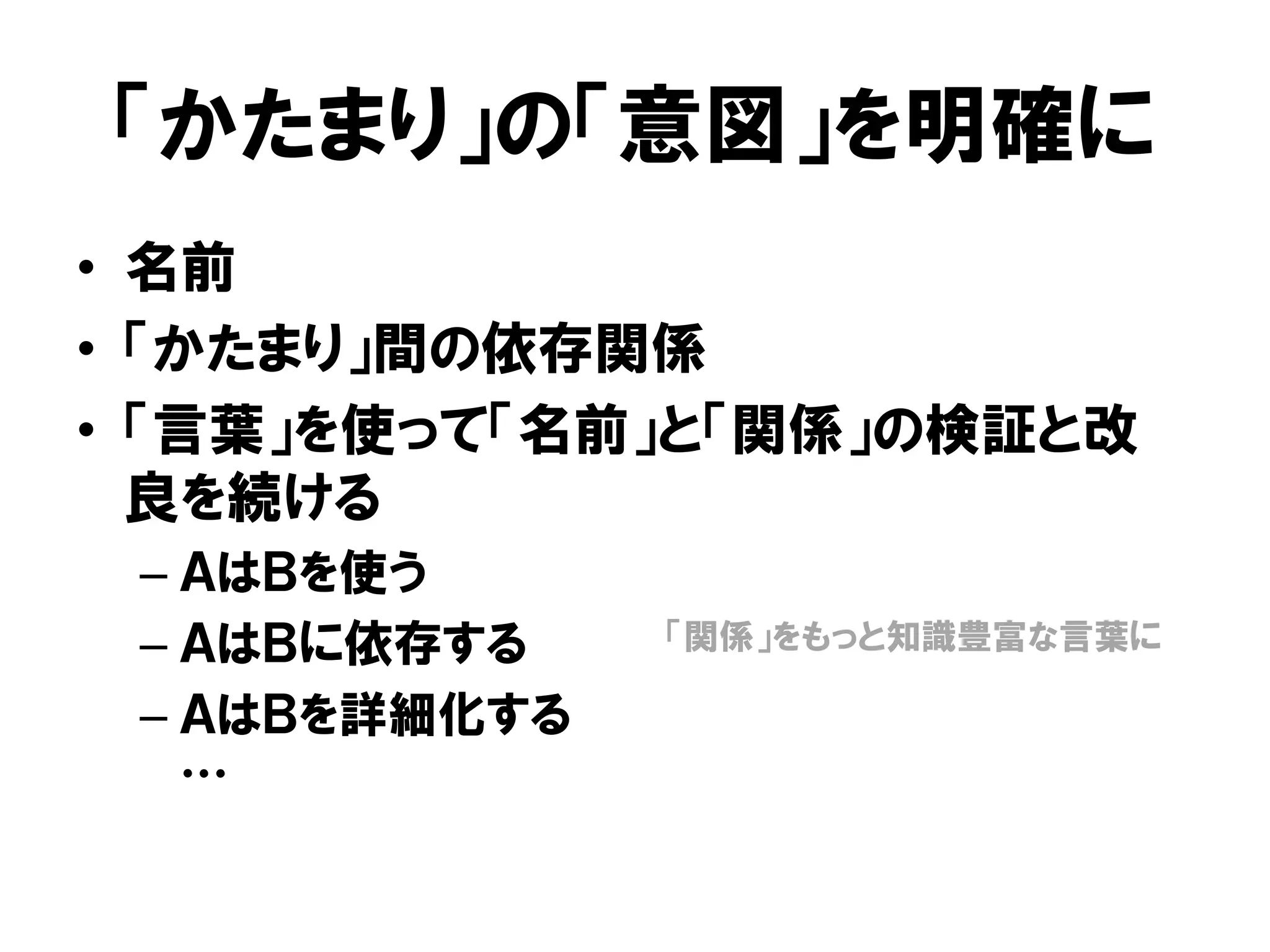 「かたまり」の「意図」を明確に
• 名前
• 「かたまり」間の依存関係
• 「言葉」を使って「名前」と「関係」の検証と改
良を続ける
– ＡはＢを使う
– ＡはＢに依存する
– ＡはＢを詳細化する
…
「関係」をもっと知識豊富な言葉に
 
