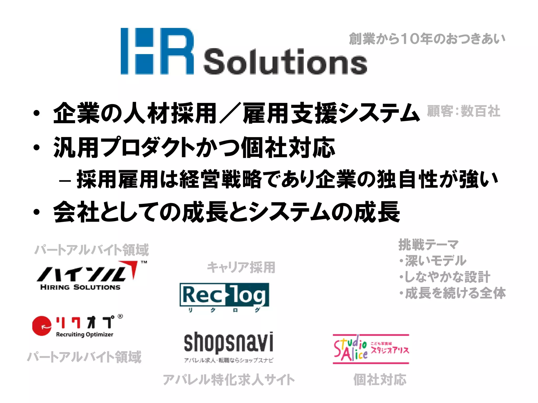 • 企業の人材採用／雇用支援システム
• 汎用プロダクトかつ個社対応
– 採用雇用は経営戦略であり企業の独自性が強い
• 会社としての成長とシステムの成長
創業から１０年のおつきあい
パートアルバイト領域
パートアルバイト領域
キャリア採用
アパレル特化求人サイト 個社対応
顧客：数百社
挑戦テーマ
・深いモデル
・しなやかな設計
・成長を続ける全体
 
