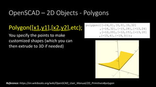 OpenSCAD – 2D Objects - Polygons
polygon([[-24,0],[0,0],[0,32]
,[-16,32],[-15,28],[-13,24]
,[-12,20],[-12,15],[-13,10]
,[-...
