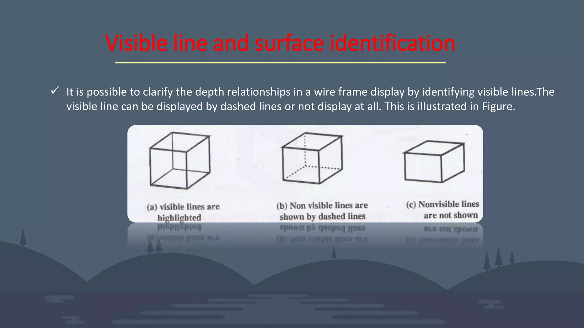 Visible line and surface identification
 It is possible to clarify the depth relationships in a wire frame display by identifying visible lines.The
visible line can be displayed by dashed lines or not display at all. This is illustrated in Figure.
 