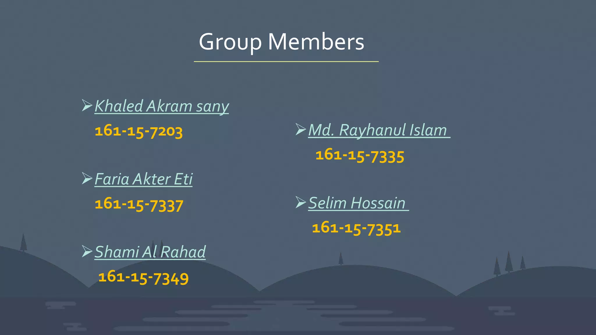 Group Members
Khaled Akram sany
161-15-7203
Faria Akter Eti
161-15-7337
Shami Al Rahad
161-15-7349
Md. Rayhanul Islam
161-15-7335
Selim Hossain
161-15-7351
 