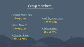 Group Members
Khaled Akram sany
161-15-7203
Faria Akter Eti
161-15-7337
Shami Al Rahad
161-15-7349
Md. Rayhanul Islam
161-15-7335
Selim Hossain
161-15-7351
 