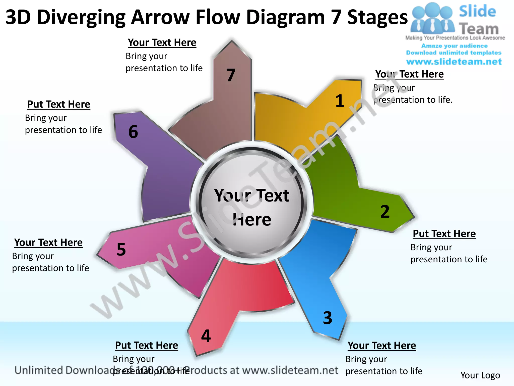 3d diverging arrow flow diagram 7 stages arrows process software power ...