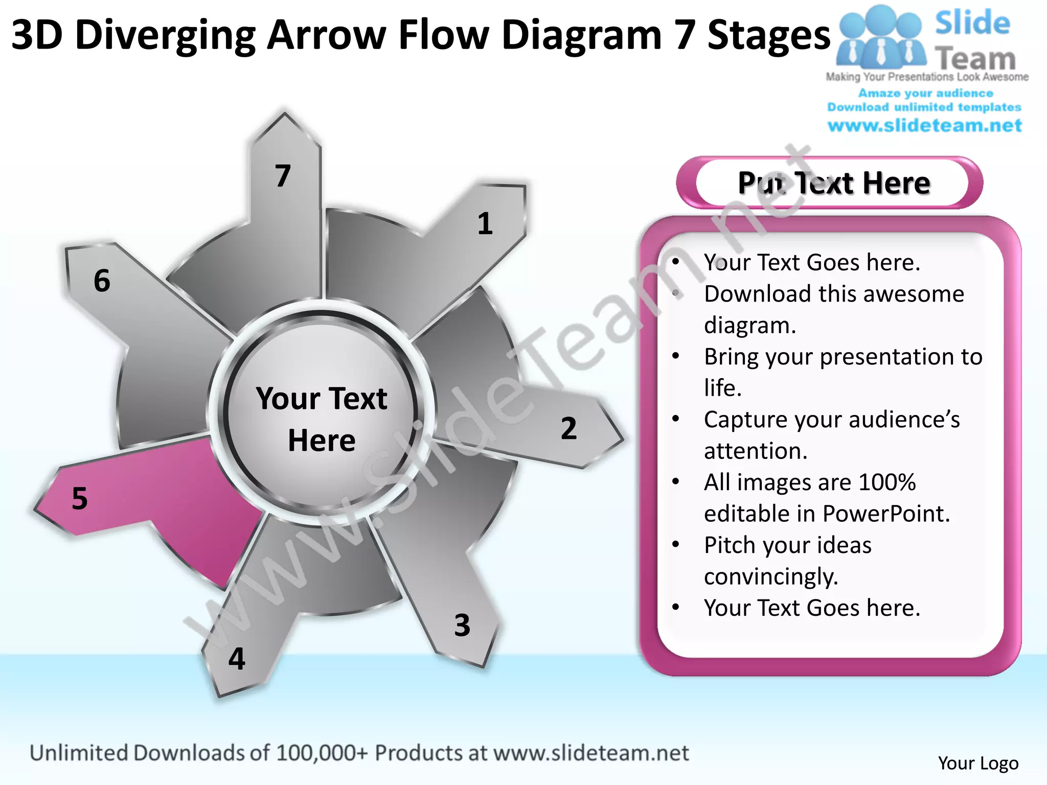 3d diverging arrow flow diagram 7 stages arrows process software power ...
