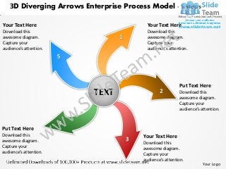 3D Diverging Arrows Enterprise Process Model - 5 steps

Your Text Here                            Your Text Here
Download this                             Download this
awesome diagram.                          awesome diagram.
Capture your                              Capture your
audience’s attention.                     audience’s attention.




                                                          Put Text Here
                          TEXT                            Download this
                                                          awesome diagram.
                                                          Capture your
                                                          audience’s attention.



Put Text Here
Download this                           Your Text Here
awesome diagram.                        Download this
Capture your                            awesome diagram.
audience’s attention.                   Capture your
                                        audience’s attention.
                                                                      Your Logo
 