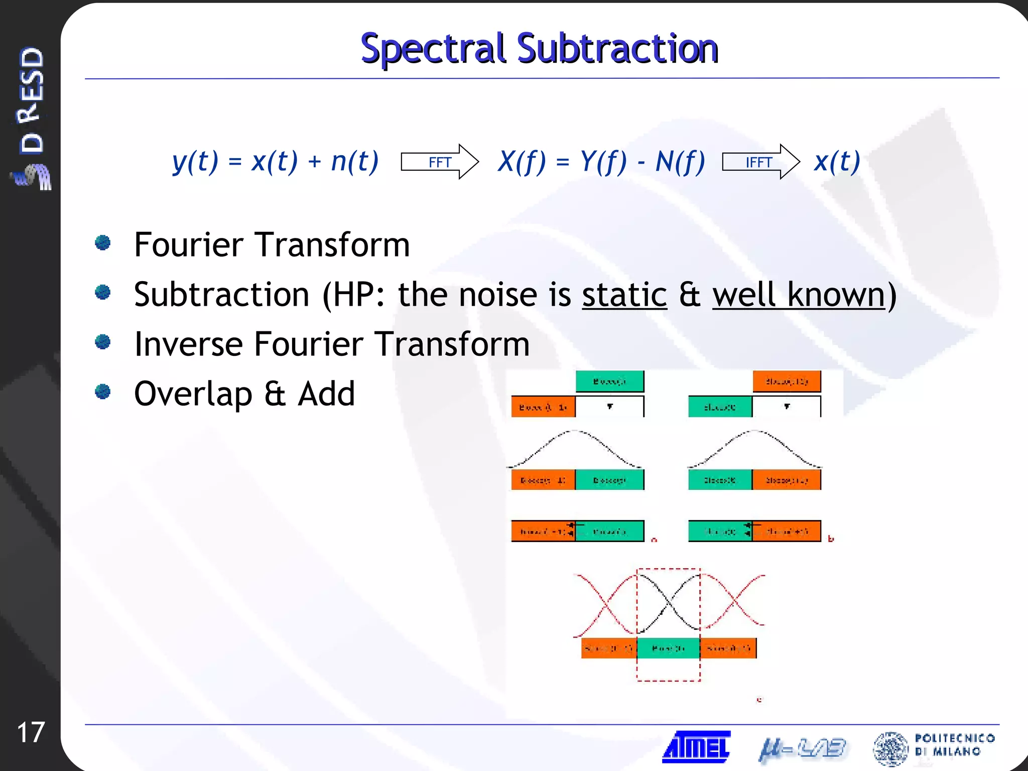 Spectral Subtraction Fourier Transform Subtraction (HP: the noise is  static  &  well known ) Inverse Fourier Transform Overlap & Add X(f) = Y(f) - N(f) x(t) FFT y(t) = x(t) + n(t) IFFT 