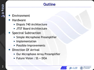Outline Environment Hardware Diopsis 740 Architecture JTST Board Architecture Spectral Subtraction Simple Microphone Preamplifier Implementation Possible Improvements Direction Of Arrival Our Microphone Array Preamplifier Future Vision : SS + DOA 