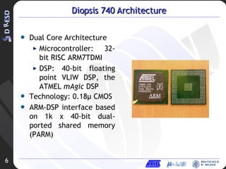 Diopsis 740 Architecture Dual Core Architecture Microcontroller: 32-bit RISC ARM7TDMI DSP: 40-bit floating point VLIW DSP, the ATMEL  mAgic  DSP Technology: 0.18µ CMOS ARM-DSP interface based on 1k x 40-bit dual-ported shared memory (PARM) 