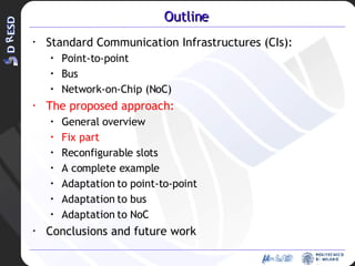 Outline Standard Communication Infrastructures (CIs): Point-to-point Bus Network-on-Chip (NoC) The proposed approach: General overview Fix part Reconfigurable slots A complete example Adaptation to point-to-point Adaptation to bus Adaptation to NoC Conclusions and future work 