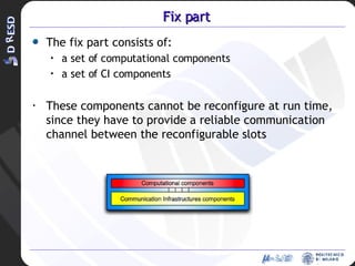 Fix part The fix part consists of: a set of computational components a set of CI components These components cannot be reconfigure at run time, since they have to provide a reliable communication channel between the reconfigurable slots 