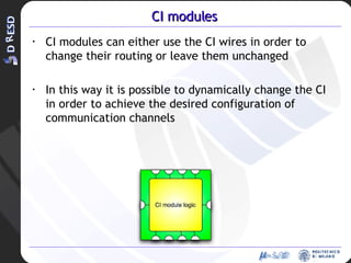 CI modules CI modules can either use the CI wires in order to change their routing or leave them unchanged In this way it is possible to dynamically change the CI in order to achieve the desired configuration of communication channels 