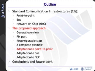 Outline Standard Communication Infrastructures (CIs): Point-to-point Bus Network-on-Chip (NoC) The proposed approach: General overview Fix part Reconfigurable slots A complete example Adaptation to point-to-point Adaptation to bus Adaptation to NoC Conclusions and future work 