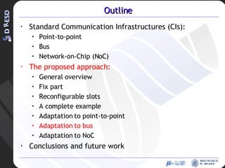 Outline Standard Communication Infrastructures (CIs): Point-to-point Bus Network-on-Chip (NoC) The proposed approach: General overview Fix part Reconfigurable slots A complete example Adaptation to point-to-point Adaptation to bus Adaptation to NoC Conclusions and future work 